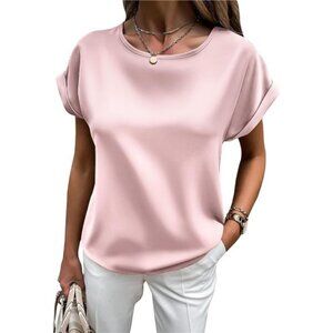Women's Short Sleeve Pullover Blouses Satin Light Pink